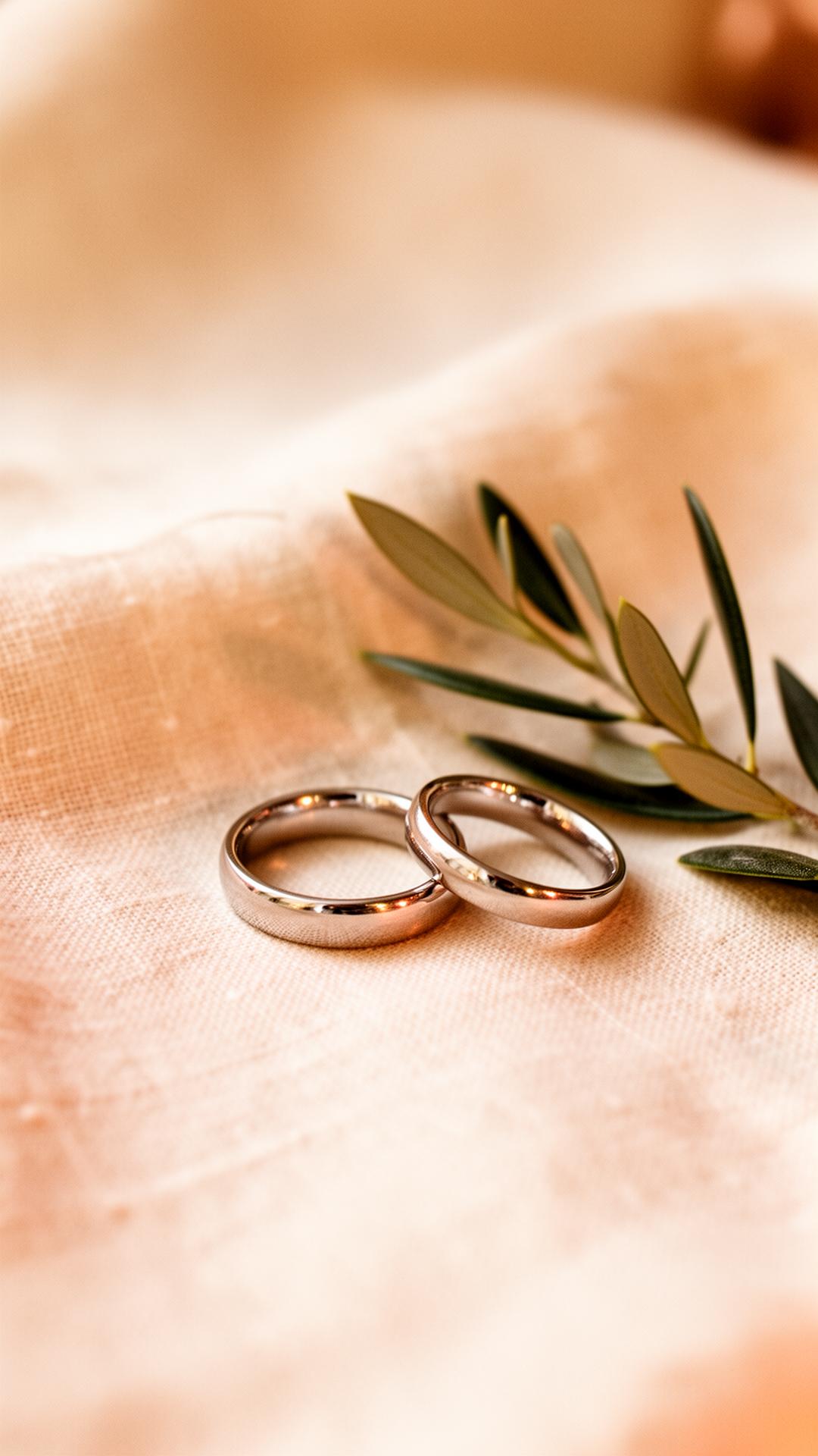 Two silver wedding bands resting beside an olive branch on warm cream linen